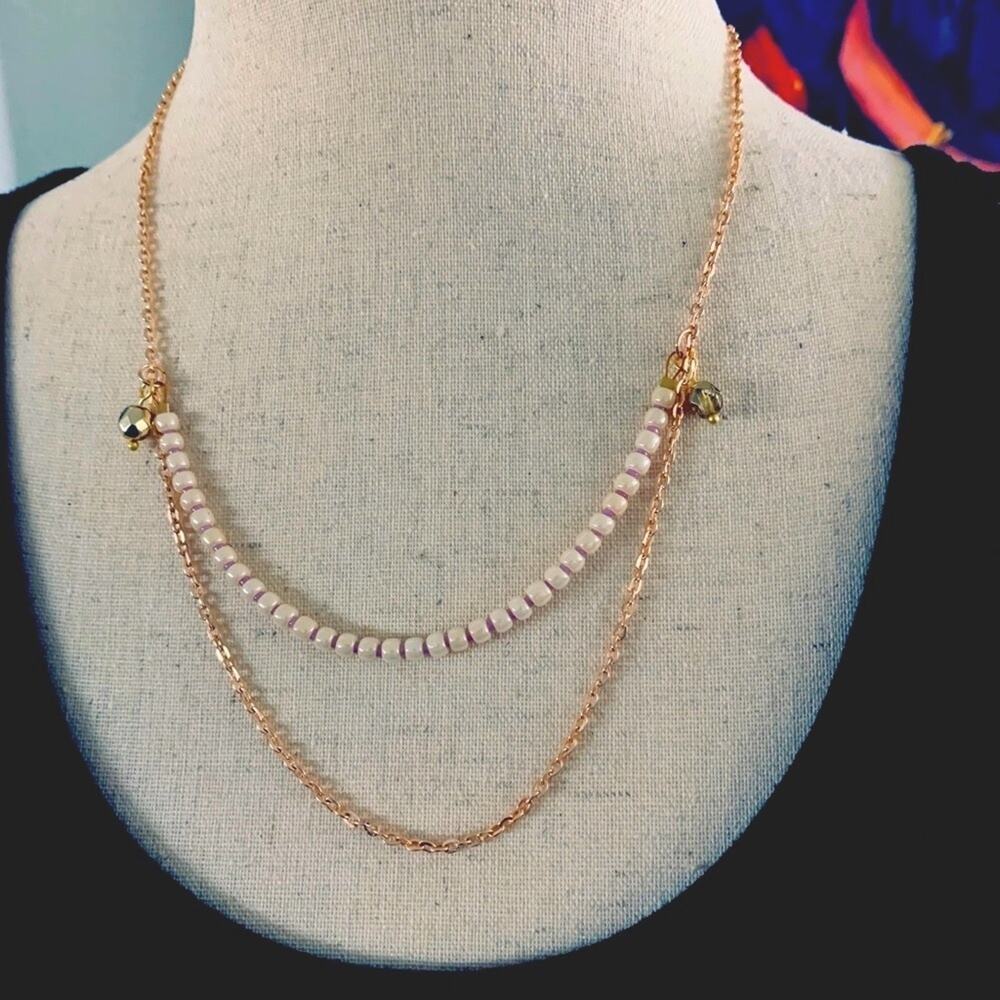 Pearl seed bead rose gold chain necklace 2 strands